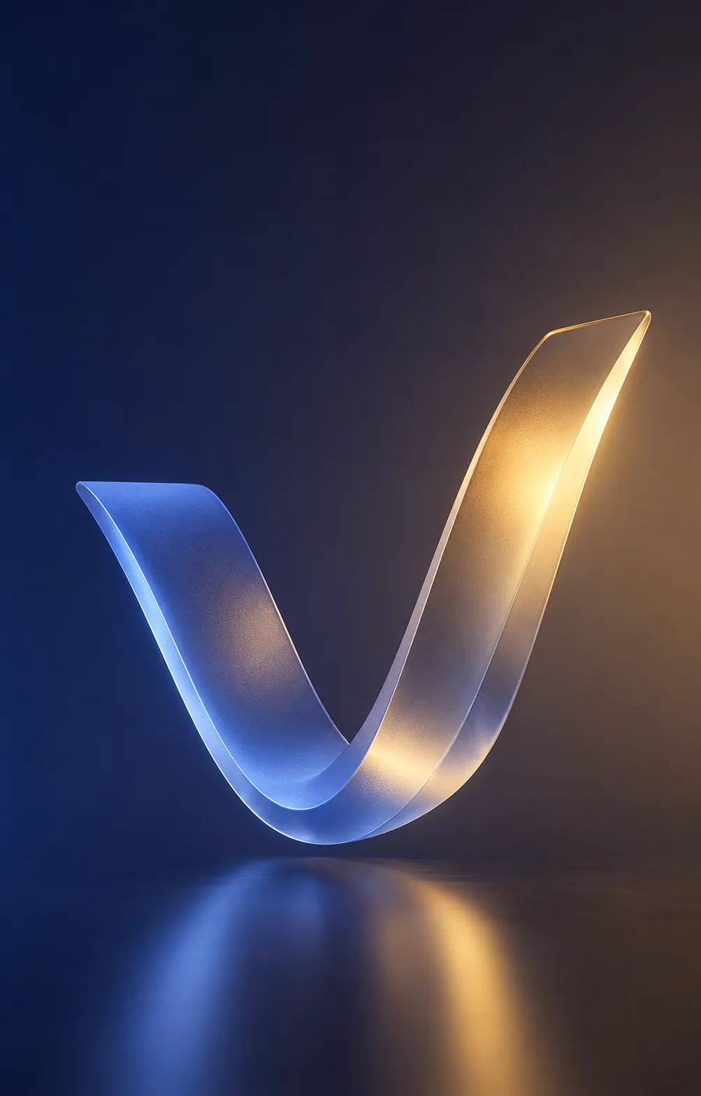 Sculptural three-dimensional render of the Vigor V mark in blue glass