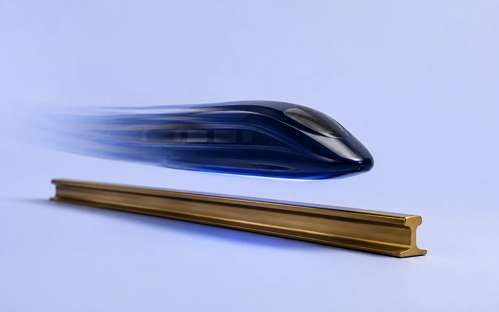 Ink-navy bullet train speeding above a brass rail, modern accounting software implementation with VigorBooks