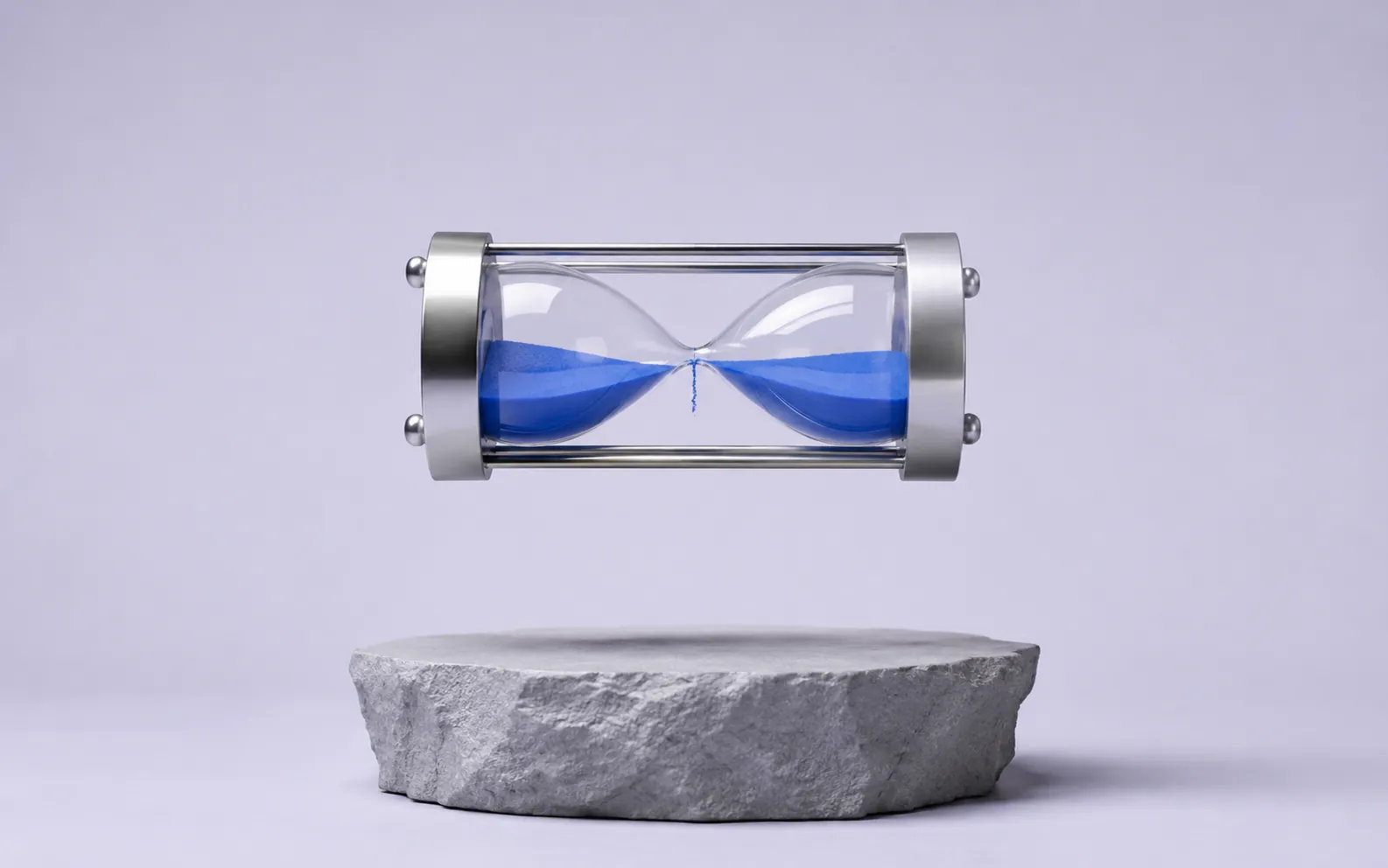 Silver-framed hourglass floating above a stone plinth, blue sand paused mid-flow, FBR tax deadlines under control